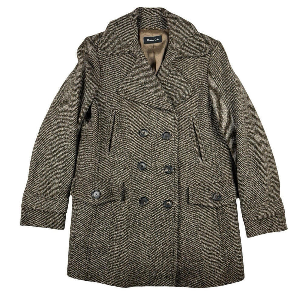 Massimo Dutti Wool Blend Double Breasted Pea Coat Herringbone Brown Size 44 | L